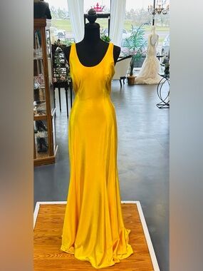 madison james Yellow Satin Scoop-Neck Prom Gown